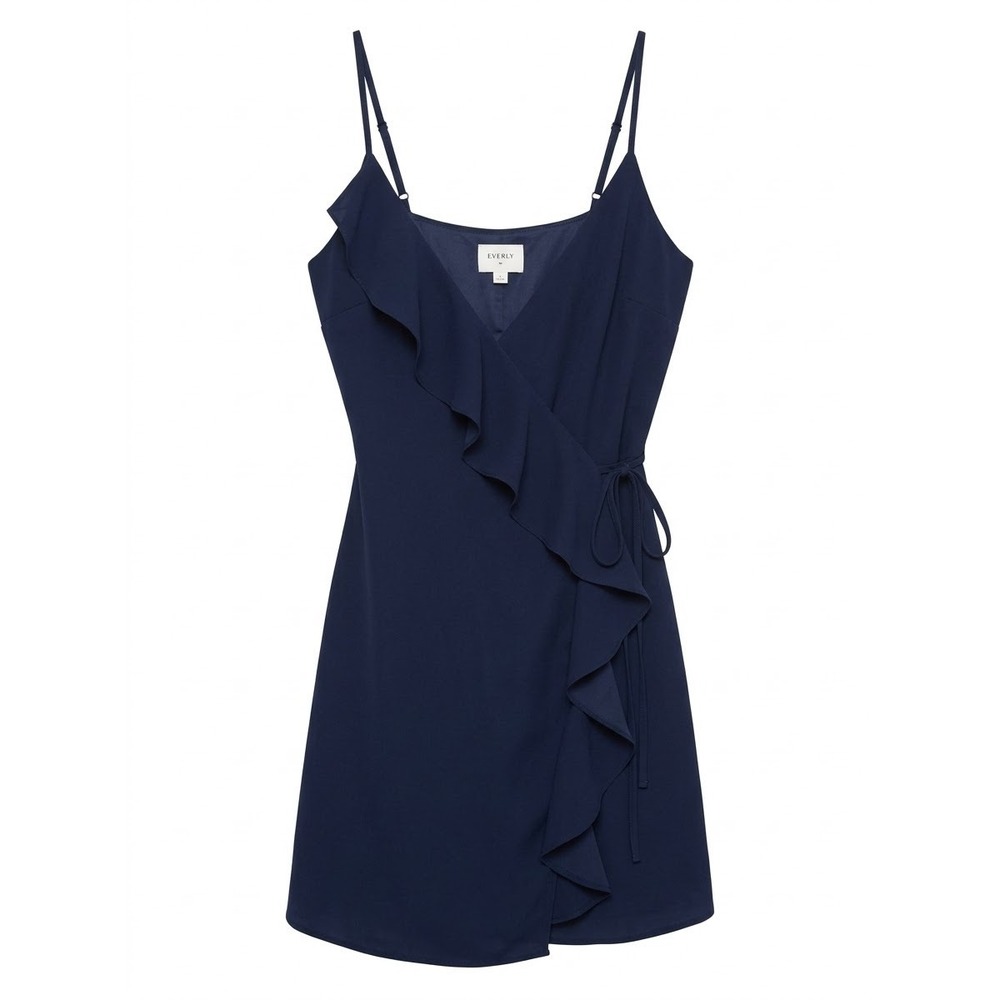 Everly Wrap Dress Women Small Navy Blue Ruffle Adjustable Straps Mini